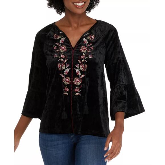 Velvet Floral Embroidered Tunic Top Women XL Bell Sleeve Boho Cottagecore Witchy - Picture 1 of 7